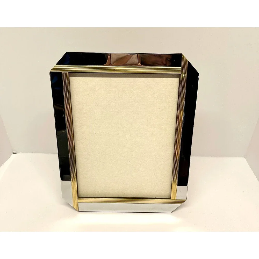 Art Deco Style Chrome & Gold Ribbed 8x10 Picture Frame Heavy Tabletop-Vintage